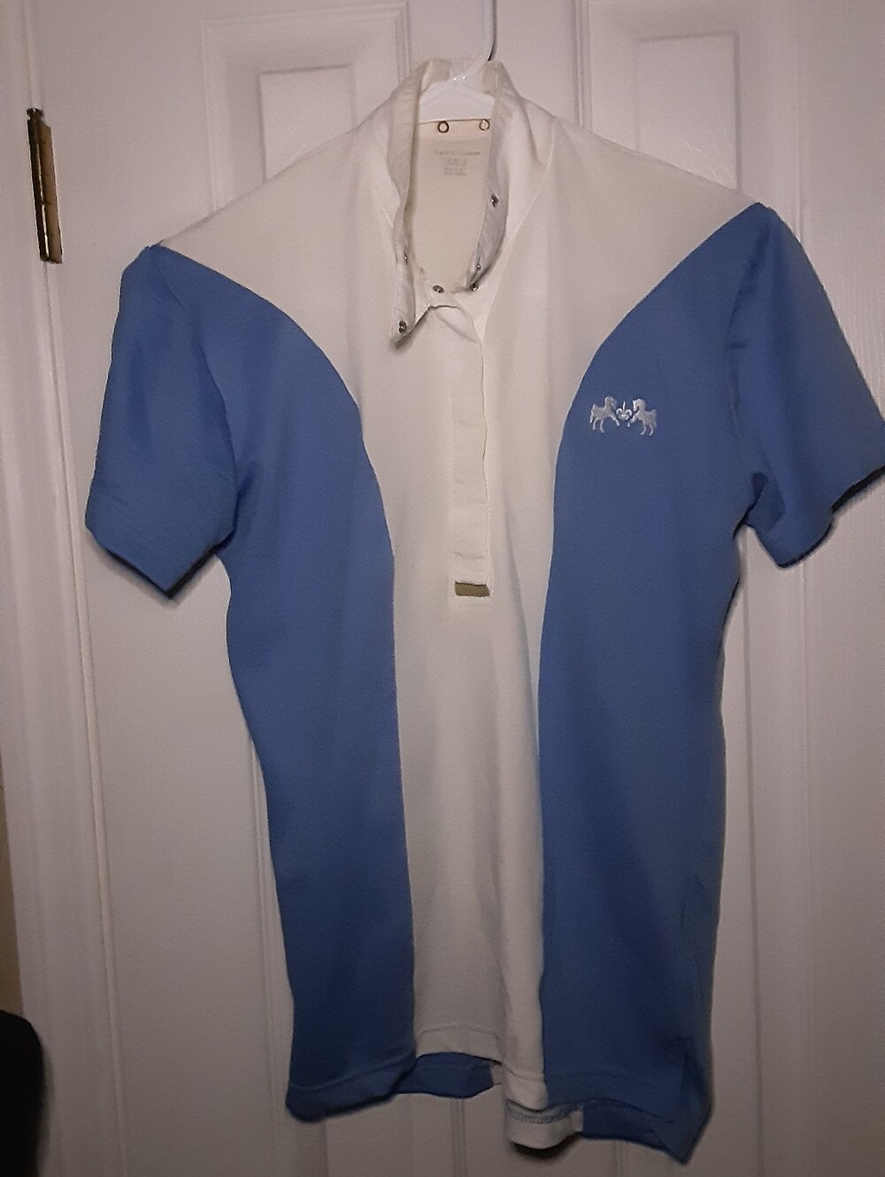 Equine Couture  Lesson Shirt Light Blue and White Short Sleeve